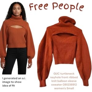 free people turtleneck Ribbed knit keyhole Crop sweater balloon sleeve Women S